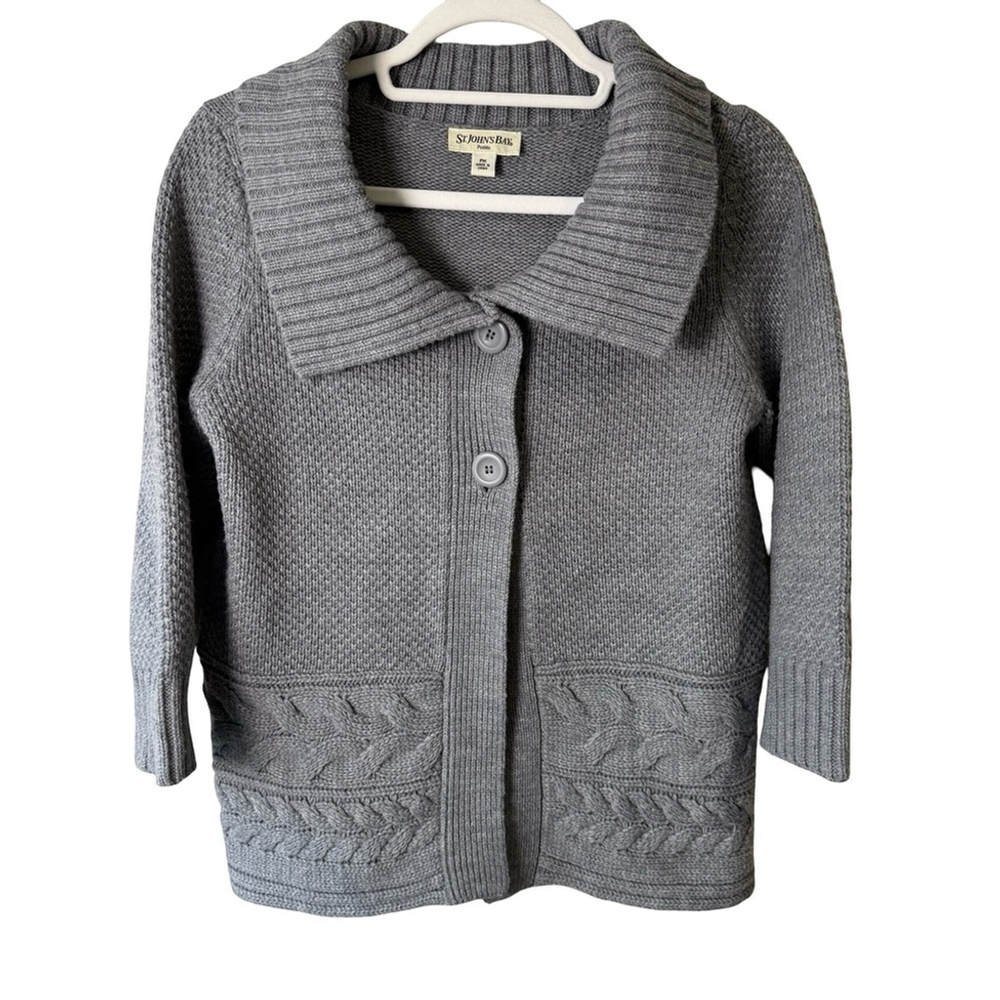 St. John's Bay Gray CableKnit Cardigan Sweater Size PM Cozy Fall Winter